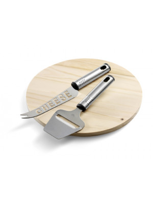 Wooden Cheese Board With A Metal Cheese Knife And Slicer