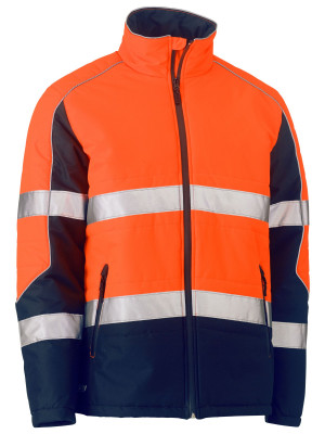 Taped Hi Vis Puffer Jacket with Stand Collar - Orange/Navy