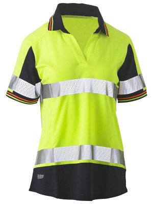 Women's Taped Two Tone SS Hi Vis V -Neck Polo - Yellow/Navy