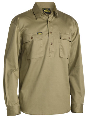 Closed Front Cotton Drill Traditional Fit Shirt - Khaki