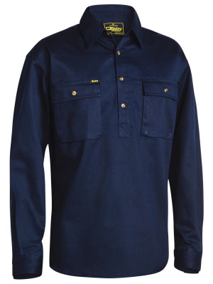 Closed Front Cotton Drill Traditional Fit Shirt - Navy