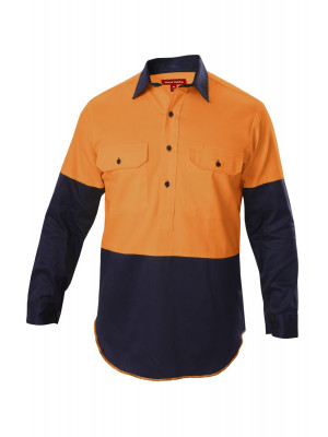 Mens Foundations Hi-Visibility Two Tone Closed Front Long Sleeve Cotton Drill Shirt With Gusset