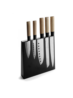 Set Of Kitchen Knives On A Wooden Magnetic Holder