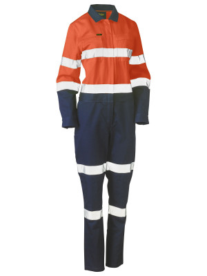 Women's Taped Hi Vis Cotton Drill Coverall - Orange/Navy