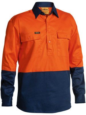 Hi Vis Closed Front Drill Shirt - Orange/Navy