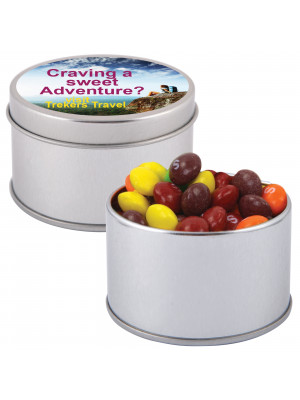Assorted Fruit Skittles in Silver Round Tin