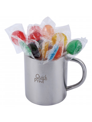 Assorted Colour Lollipops in Double Wall Stainless Steel Barrel Mug
