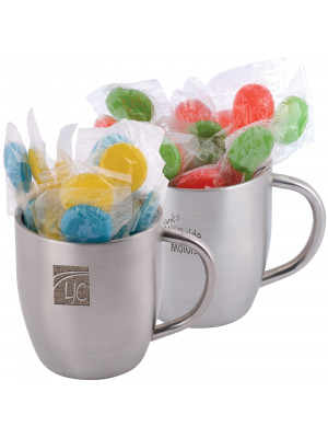 Corporate Colour Lollipops in Stainless Steel Double Wall Curved Mug