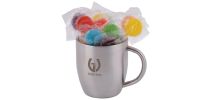 Assorted Colour Lollipops in Stainless Steel Double Wall Curved Mug