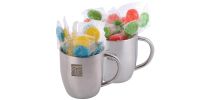 Corporate Colour Lollipops in Stainless Steel Double Wall Curved Mug