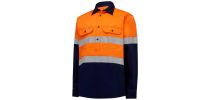 Mens Hi Vis L/Slv H/Weight Closed Front 2 Tone Cotton Drill Shirt W/Tape