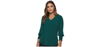Womens Shirred Cuff V Neck Tops