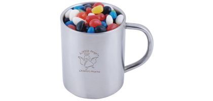 Assorted Colour Mini Jelly Beans in Double Wall Stainless Steel Barrel Mug