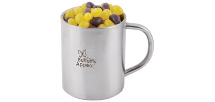 Corporate Colour Mini Jelly Beans in Stainless Steel Double Wall Barrel Mug