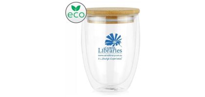 Amiens Double Wall Coffee Cup Glass 350ml - with Bamboo Lid
