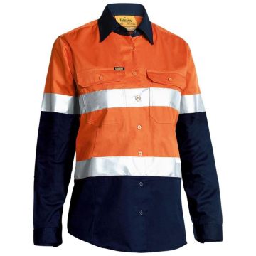 Women's Taped Hi Vis Cool Lightweight Drill Shirt - Orange/Navy