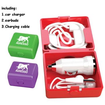Car Charger Earbuds Charging Cable in One Case