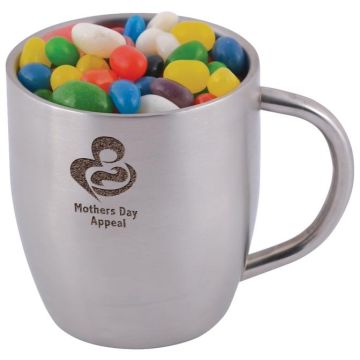 Assorted Colour Mini Jelly Beans in Stainless Steel Double Wall Curved Mug