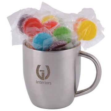 Assorted Colour Lollipops in Stainless Steel Double Wall Curved Mug