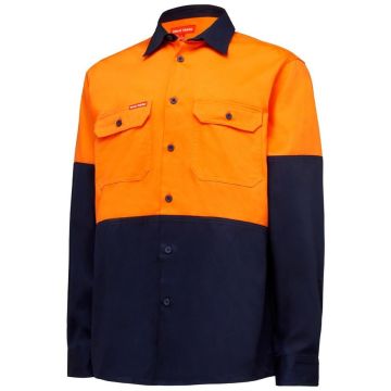 Mens Hi Vis L/Sl H/Weight  2Tone Cotton Drill Shirt