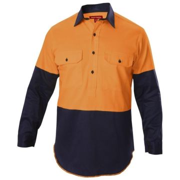Mens Foundations Hi-Visibility Two Tone Closed Front Long Sleeve Cotton Drill Shirt With Gusset