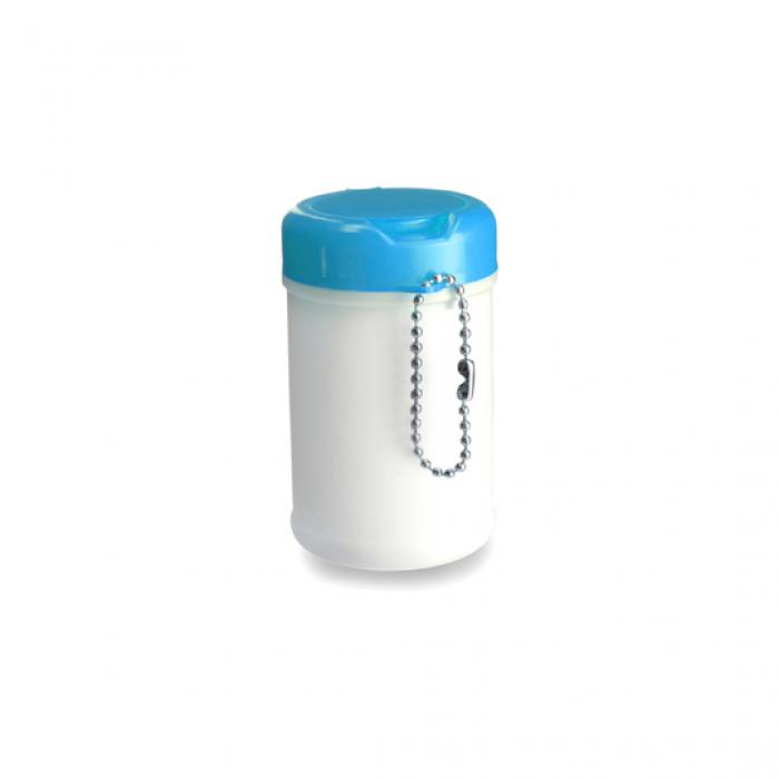 White Plastic Container With Coloured Lid And Keychain Includes Thirty Wet Wipes