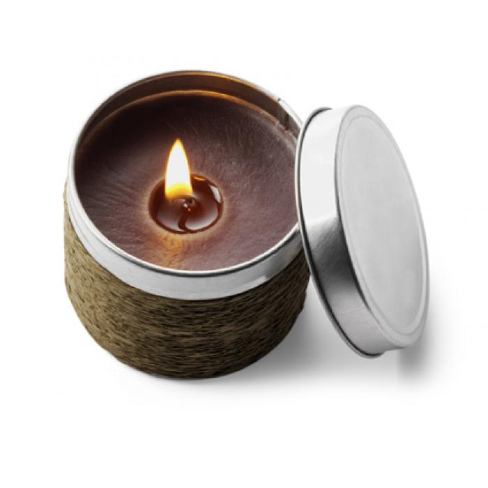 Fragranced Candle In A Cord Covered Tin- Vanilla Coffee And Cinammon