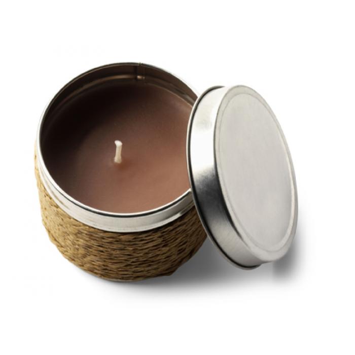 Fragranced Candle In A Cord Covered Tin- Vanilla Coffee And Cinammon