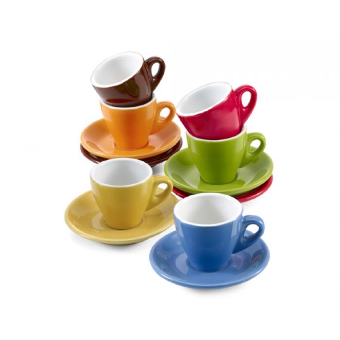 Set Of Six Different Coloured Porcelain Cups and Saucers 