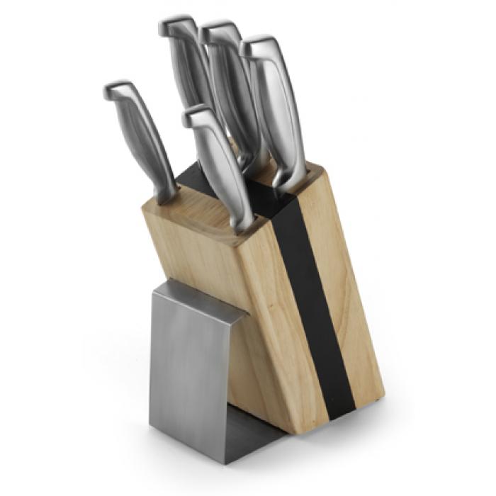 Stainless Steel Five Piece Knife In Rubberwood Block