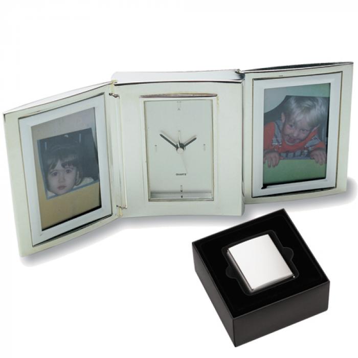 Nickel Plated Double Photo Frame With Alarm Clock