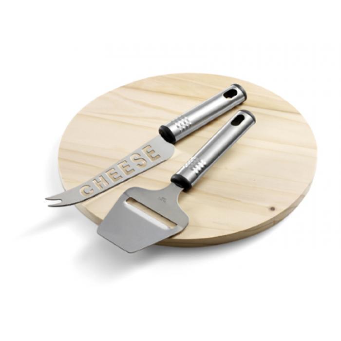 Wooden Cheese Board With A Metal Cheese Knife And Slicer