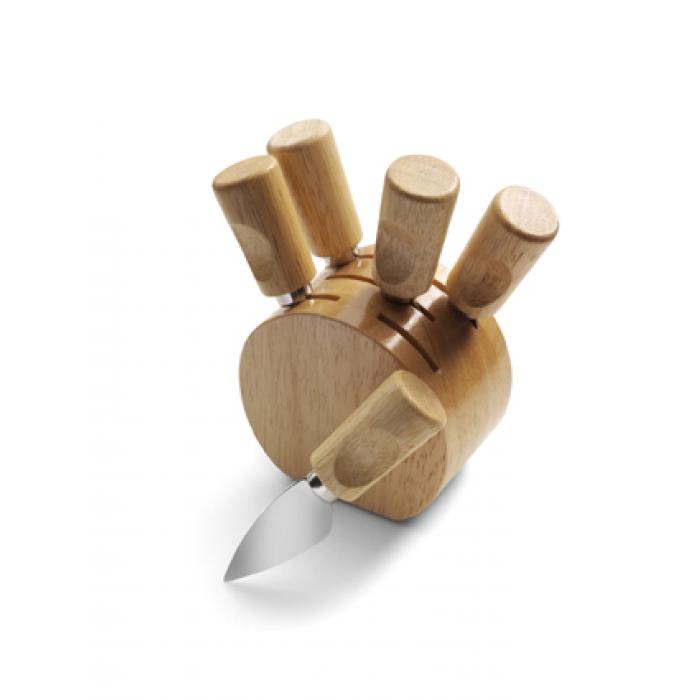 Set Of Five Cheese Knives In A Wooden Holder