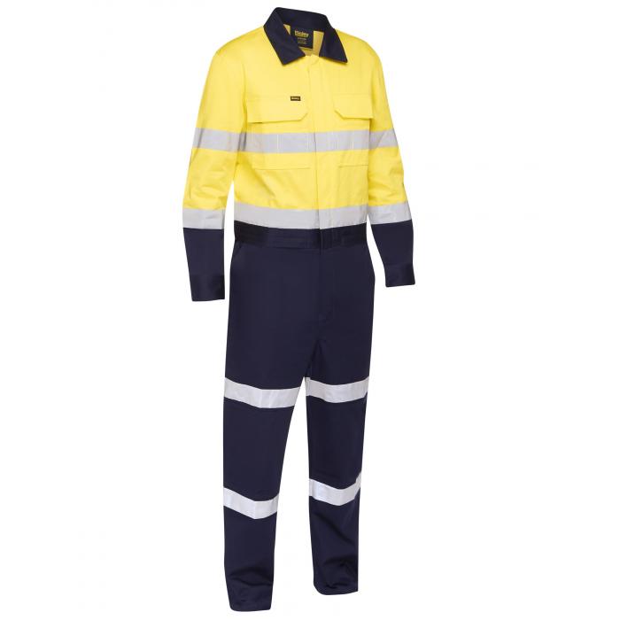 Taped Hi Vis Work Coverall with Waist Zip Opening - Yellow/Navy