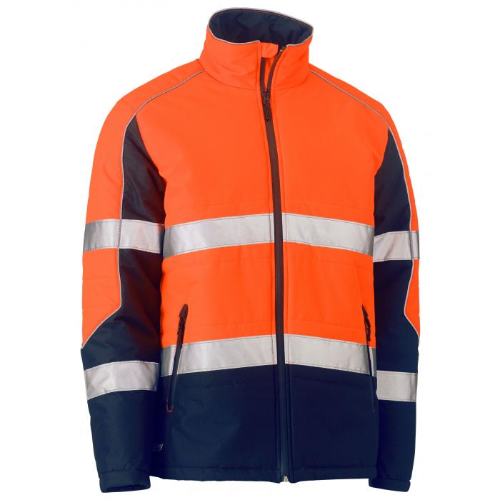 Taped Hi Vis Puffer Jacket with Stand Collar - Orange/Navy