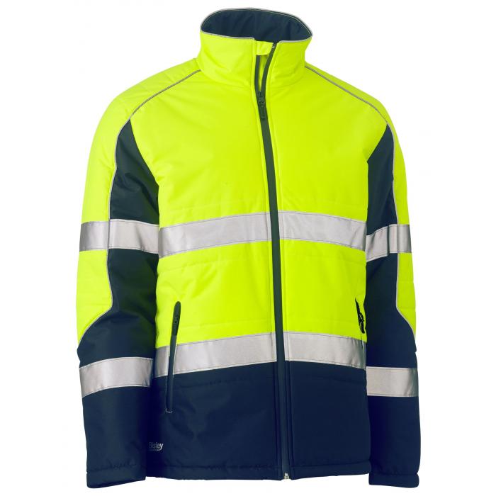 Taped Hi Vis Puffer Jacket with Stand Collar - Yellow/Navy