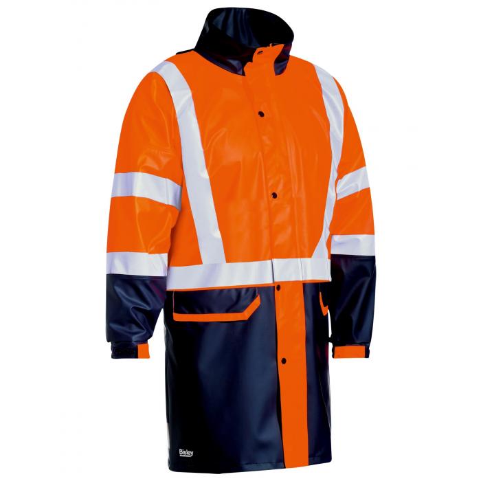 Taped Hi Vis Stretch PU Rain Coat - Orange/Navy