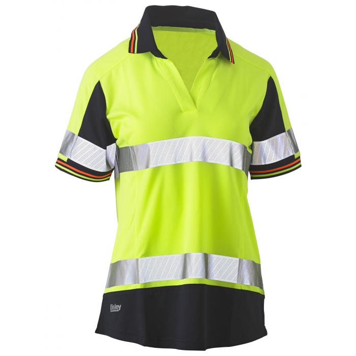 Women's Taped Two Tone SS Hi Vis V -Neck Polo - Yellow/Navy
