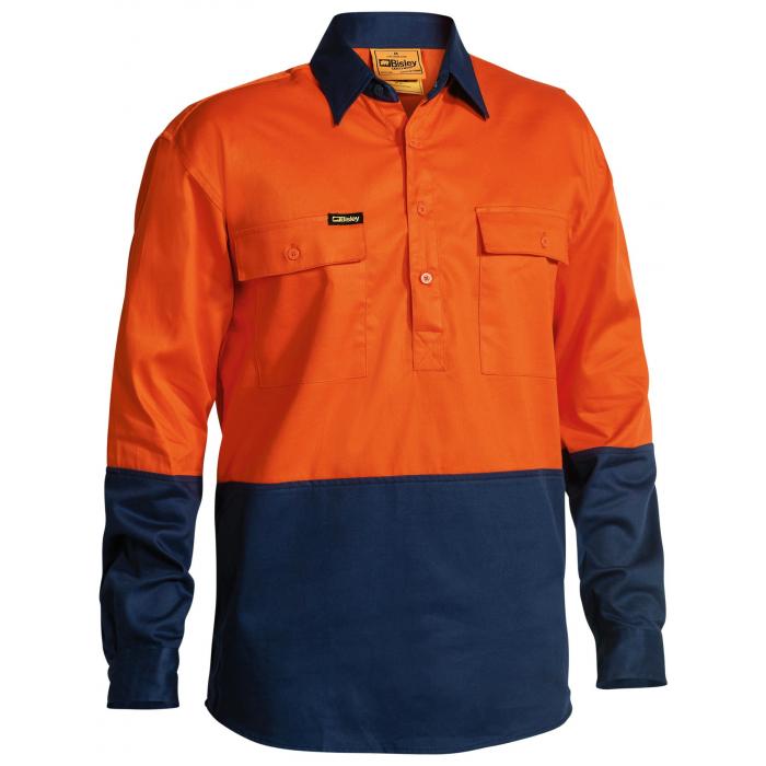 Hi Vis Closed Front Drill Shirt - Orange/Navy