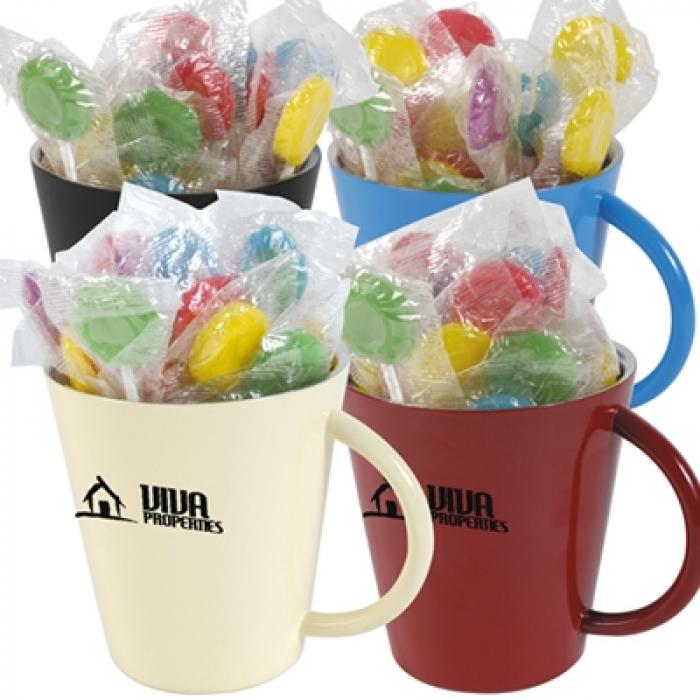 Lollipops In Coloured Double Wall Coffee Mugs