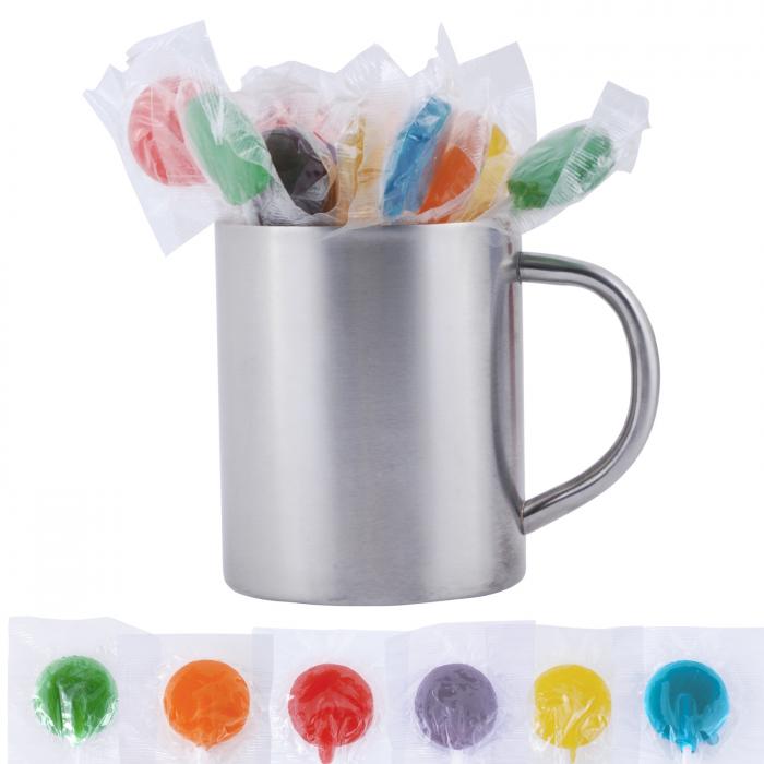 Assorted Colour Lollipops in Double Wall Stainless Steel Barrel Mug