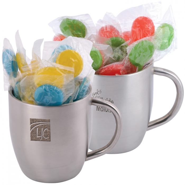 Corporate Colour Lollipops in Stainless Steel Double Wall Curved Mug