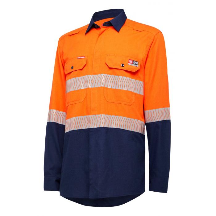 Mens Shieldtec Lenzing Fr Hi-Visibility Two Tone Long Sleeve Open Front Shirt With Tape