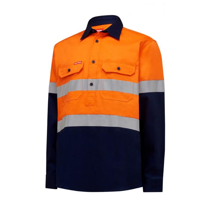 Mens Hi Vis L/Slv H/Weight Closed Front 2 Tone Cotton Drill Shirt W/Tape