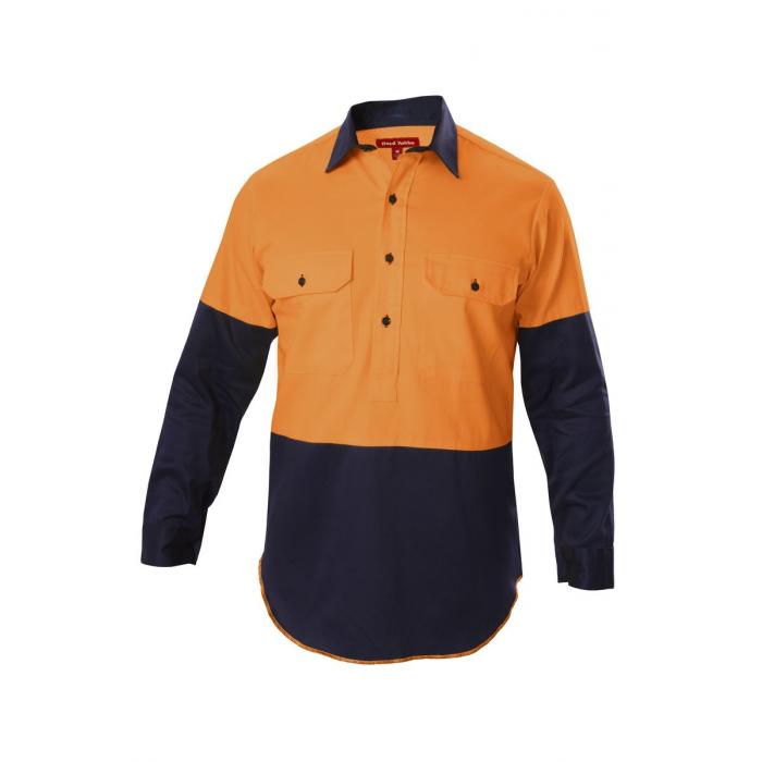 Mens Foundations Hi-Visibility Two Tone Closed Front Long Sleeve Cotton Drill Shirt With Gusset